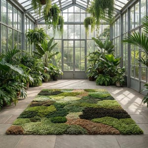 May include: A rectangular rug with a moss-like appearance, featuring a blend of green, brown, and beige hues. The rug is placed on a stone floor inside a glass greenhouse filled with lush greenery, creating a natural, earthy aesthetic.