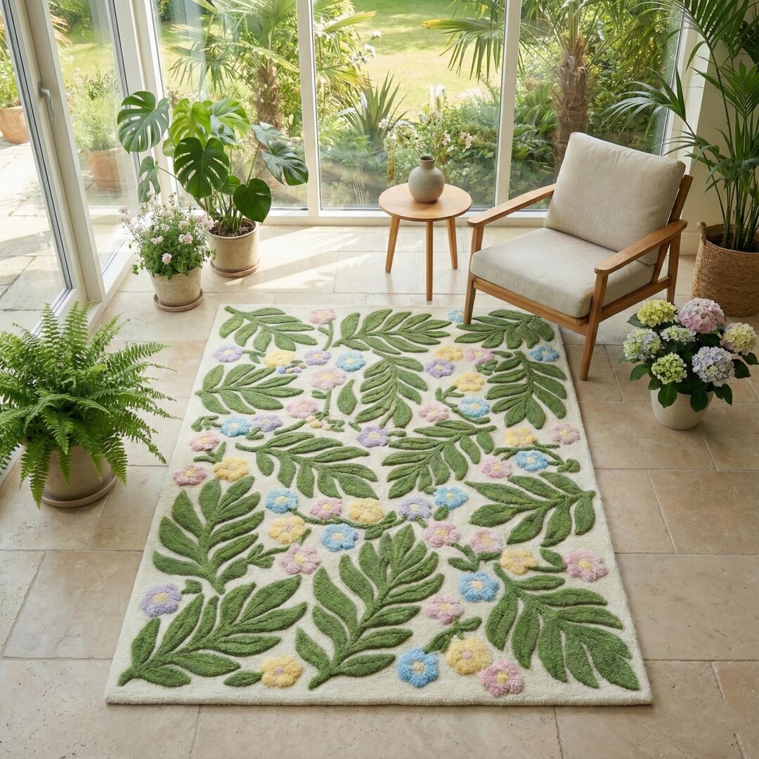Botanical Floral Rug Hand Tufted Wool, Green Leaf Pastel Flower Carpet ...