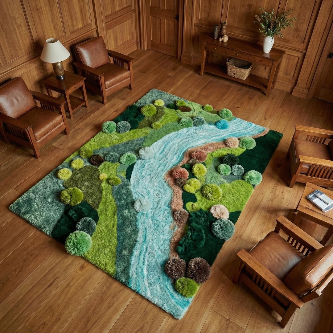 River Rug Custom 3D Moss & River Rug – Hand Tufted Wool Nature Landscape Carpet - Etsy