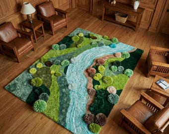 3D Moss & River Rug – Hand Tufted Wool Nature Landscape Carpet