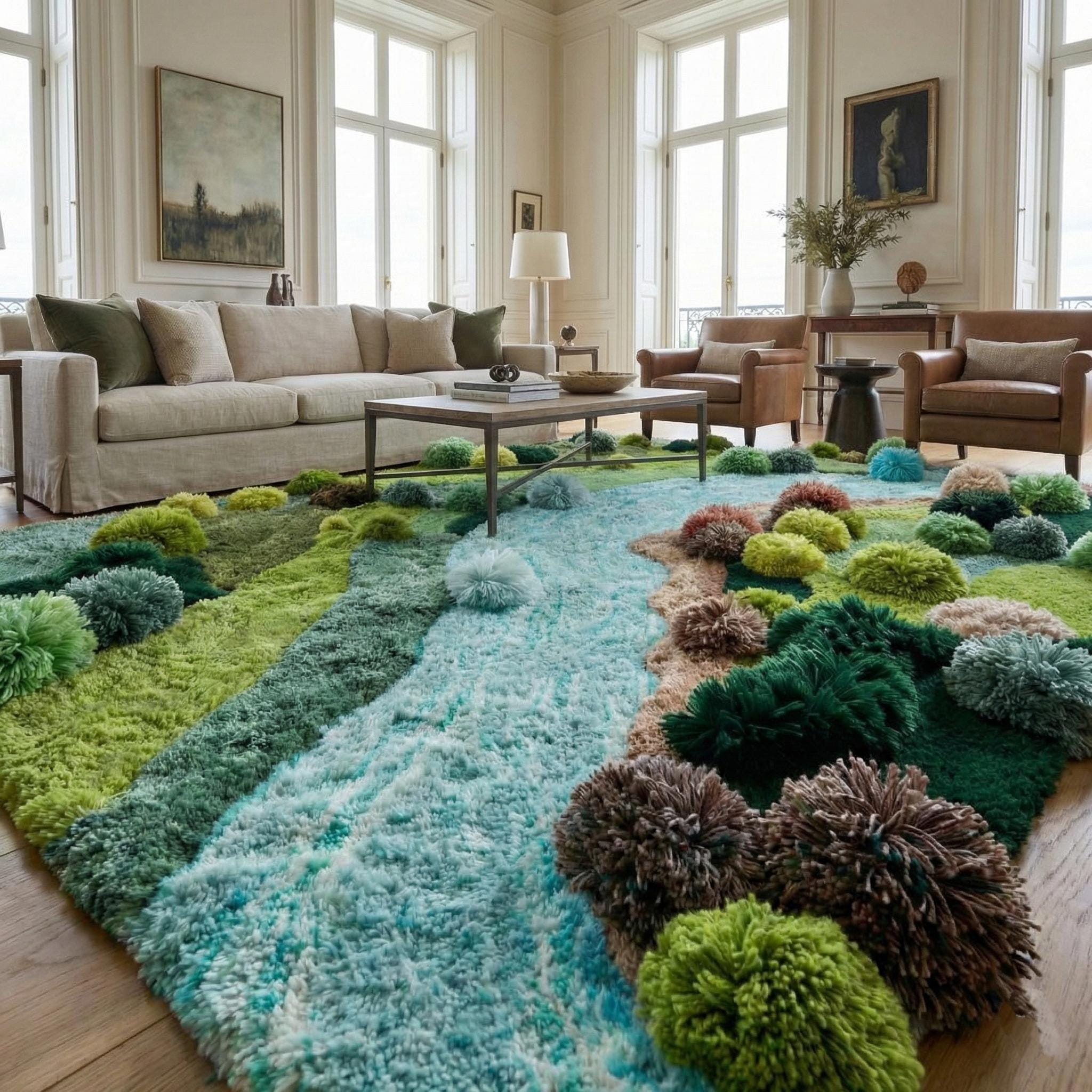 Hand Tufted Moss Rug – 3D Nature Landscape Wool Carpet, River Inspired ...