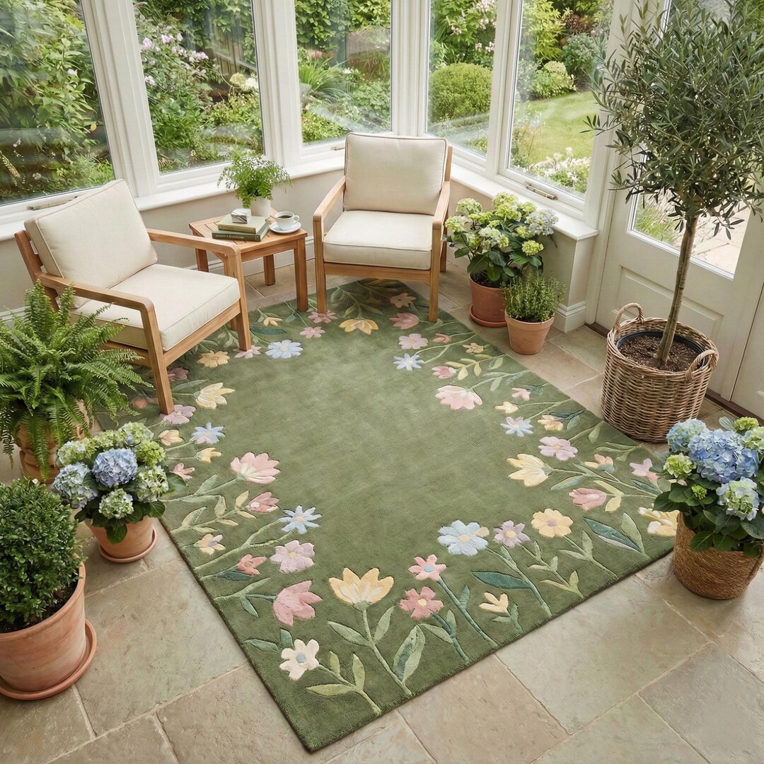 Floral Border Rug – Handmade Green Wool Botanical Area Rug - Etsy