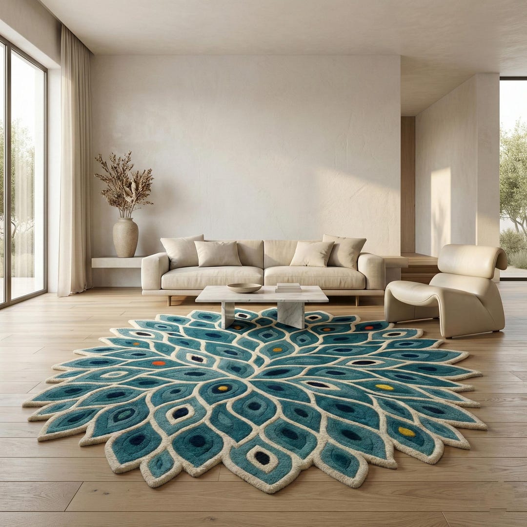 Feathered Rug Peacock Feather Wool Rug, Round Teal Blue Handmade Area Carpet - Etsy