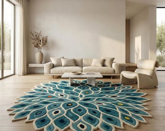 Peacock Feather Wool Rug, Round Teal Blue Handmade Area Carpet