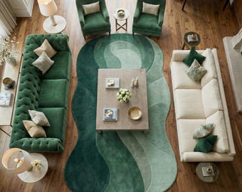 Green Abstract Wool Rug, Hand Tufted Organic Shape Area Rug .