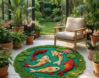 Round Koi Fish Rug | Handmade Wool Pond Carpet | Japanese Zen Home Decor