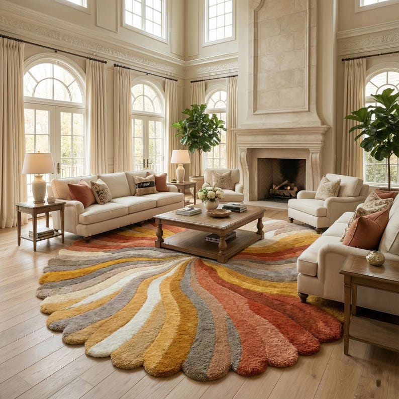 Big Colorful Rug Luxury Hand Tufted Wool Round Rug | Abstract Sculptural Designer Area ...
