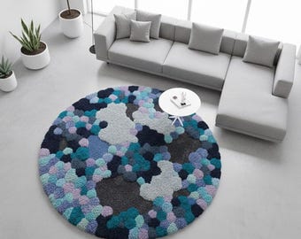 Pom-Pom Round Rug | Textured Blue Teal Round Carpet — Kids Room