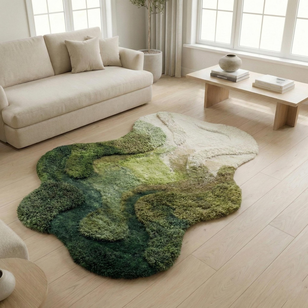 Organic Pattern Rugs Organic Green Wool Rug, Sculpted Abstract Area Rug, Handmade Nature ...