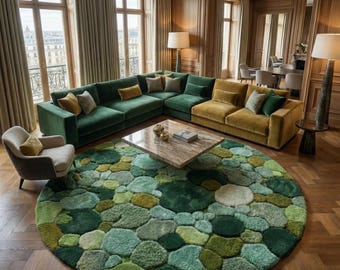 Stone Round Wool Rug with Green Pebble Design | Handmade Textured Modern Area Rug