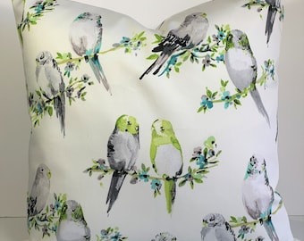 Green Teal Bird Throw Pillow Cover - Decorative Botanical French Cushion Cover Grandmellinial - Gray Parakeets Love Birds Chinoiserie