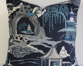 Navy Midnight Chinoiserie Designer Robert Allen Pillow cover - Neo Toile Indigo Blue Pagoda Decorative Throw Cushion Cover Square or Lumbar