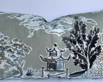 Chinoiserie Pagoda Long Lumbar Decorative Pillow Cover - Stone Black Aqua Tan Khaki Cushion Cover Ming Toile Designer Sham  12X24 12X30 toss