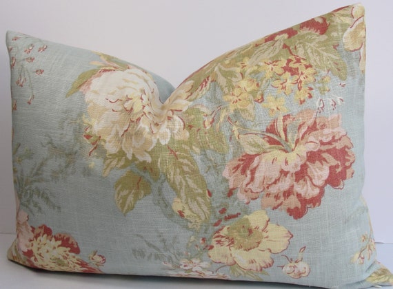 Floral Blue Lumbar pillow cover Cottage 24x24 Oversized Chenille Pillow