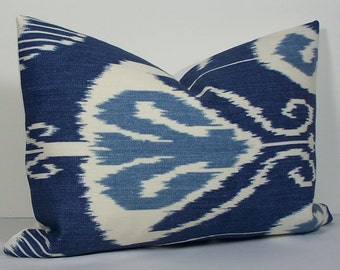 Decorative IKAT Bansuri Indigo Blue Lumbar Pillow Cover - Kravet Designer Throw Pillow Solid back accent Toss Cushion Cover in Navy White