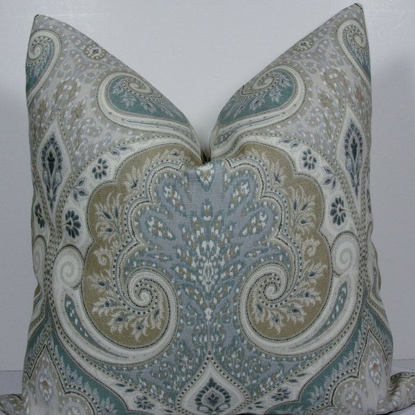 LUMBAR Kravet IKAT Decorative 12x24 pillow cover - Latika Seafoam Blue with Beige Cushion Cover in Medallion design - Throw Toss pillow