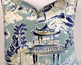 Aqua Blue Chinoiserie Pagoda Decorative Pillow Cover - Ming Toile Navy Garden Cushion Cover - 20x20 Square Designer Sham