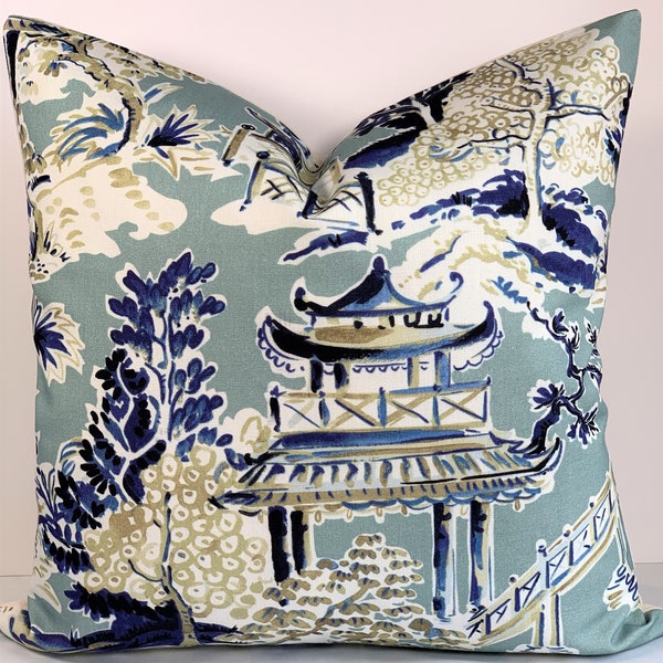 Aqua Blue Chinoiserie Pagoda Decorative Pillow Cover - Ming Toile Navy Garden Cushion Cover - 20x20 Square Designer Sham