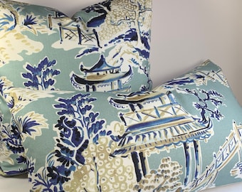Chinoiserie Ming Toile Pagoda Lumbar Pillow Cover - Aqua - Cobalt Blue Decorative Cushion Cover - 12x24, 12x30, 14x30 Designer