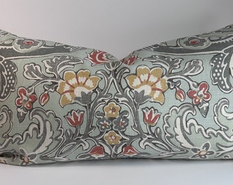 Kravet Floral Folk Art Designer Decorative Throw Pillow Cover in gray, paprika, gold on blue gray background - Lumbar 14"x24" Square 20x20