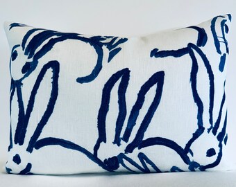 Bunny Hutch Print Designer Decorative Pillow Cover - Navy White Groundworks Easter Rabbit Cushion Cover - 12x16 Lumbar Accent Blue Throw