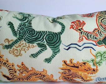 Chinoiserie Green Tiger Decorative Throw Pillow Cover - 16x26 Animal Accent Long Lumbar Cushion Cover Oriental Bedding Design - Dragon Toss