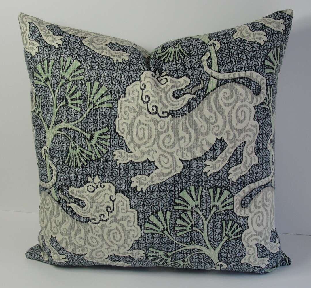 Blue Chinoiserie Foo Dog Decorative Throw Pillow Lion Dance Asian Toile