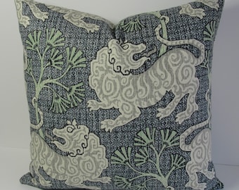 Blue Chinoiserie Foo Dog Decorative Throw pillow Lion Dance Asian toile accent - Blue Green Throw Chinese Tiger dragon cushion cover