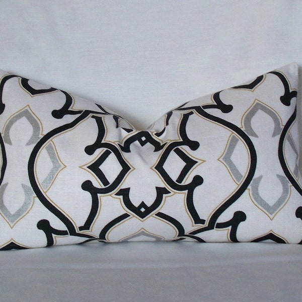 Decorative pillow cover - 12 x 20 - geometric - throw pillow - accent pillow - black - white - gold - silver - lumbar pillow