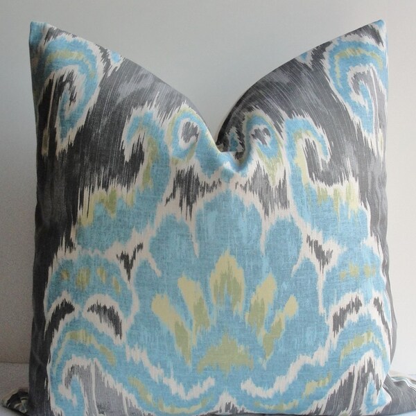 IKAT Decorative Pillow cover - Teal gray designer throw pillow - tashkent - home decor cushion cover aqua - 20x20 square