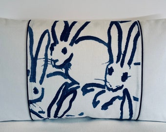 Navy White Lee Jofa Groundworks Bunny Hutch Pillow Cover - Throw Lumbar 12x20 Easter Rabbit Cushion Cover - Designer Blue Accent Navy piping