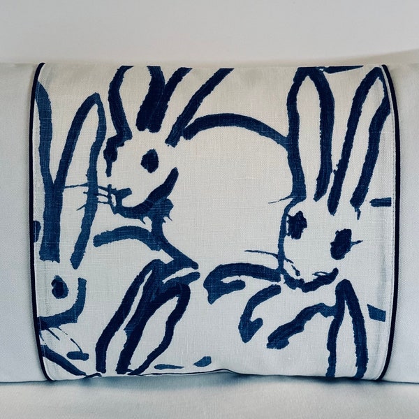 Navy White Lee Jofa Groundworks Bunny Hutch Pillow Cover - Throw Lumbar 12x20 Easter Rabbit Cushion Cover - Designer Blue Accent Navy piping