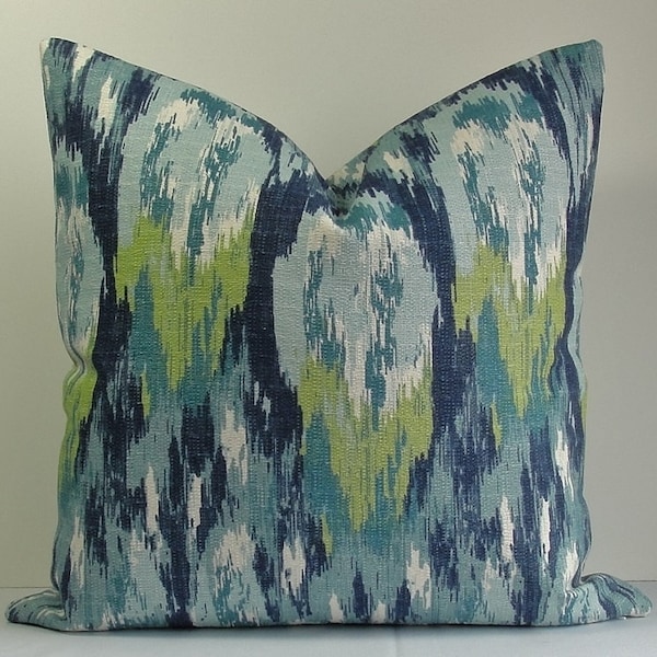 Blue IKAT Pillow Cover Designer Throw with Navy shades of Blue Green Accents - Both Sides Birch Frost Decorative Cushion WASHABLE Square