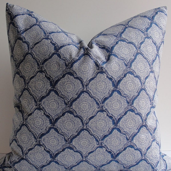 Indigo blue Wood Block Batik Pillow cover - Kravet Decorative Throw Cushion Cover 16x16 Square Bohemian toss Accent Sham Both Sides