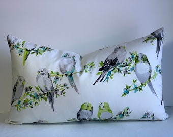 Lumbar Bird Botanical Throw Pillow Cover - Decorative Nature 12x20 Lumbar 20x20 French Country LoveBirds - Gray, Teal, Green Parakeets