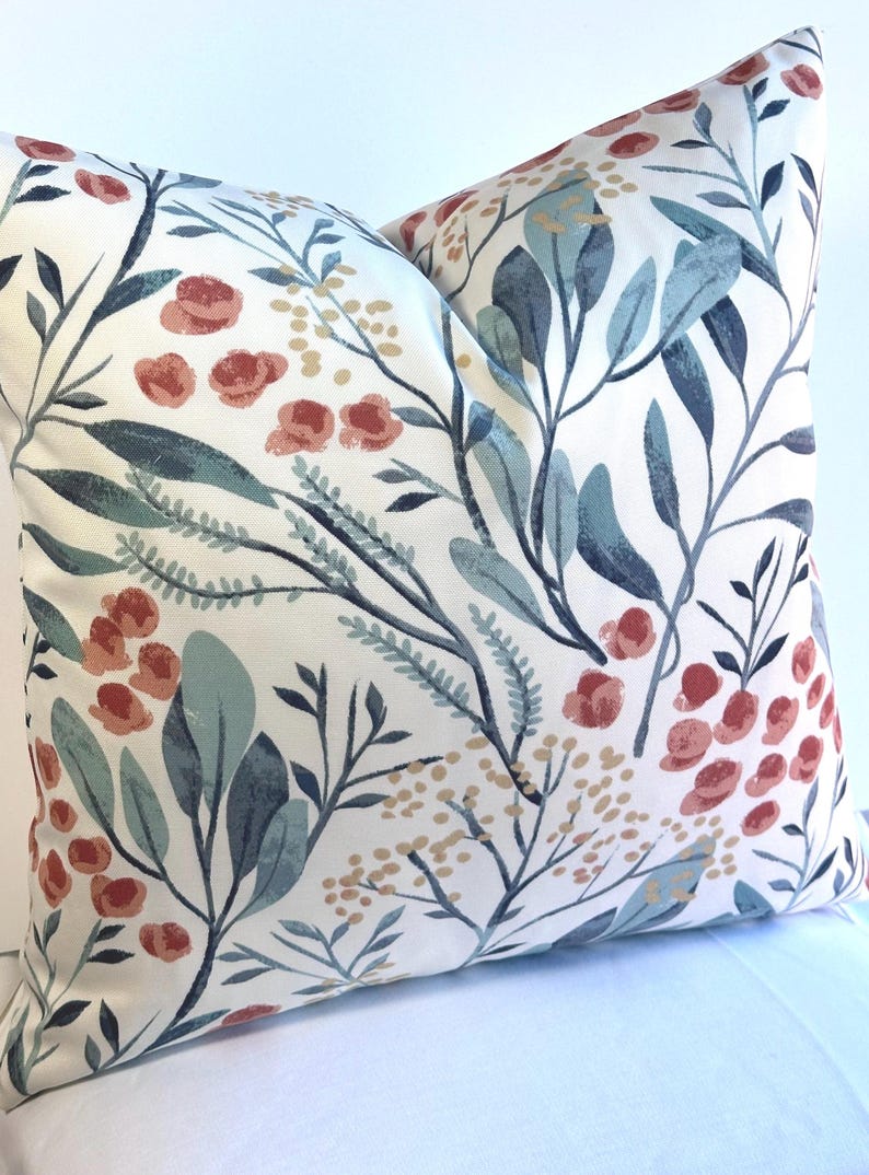Aqua Blue Decorative Floral Throw Pillow Cover Jade Coral Rust on White