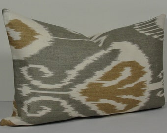 KRAVET IKAT Gray Tan Lumbar 14x24 Cushion Cover - Bansuri Slate Decorative Throw Pillow Cover - Designer Echo Accent Pillow