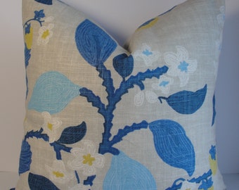 Blue Yellow Floral Madcap Cottage Decorative Pillow Cover - Yellow Chinoiserie Accent Cushion Cover Lumbar or Square Gray Leaves Berries