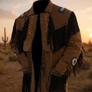 Chaqueta de hombre de ante marrón con flecos – Abrigo de cuero de vaquero estilo western – Chaqueta tradicional vintage con cuentas