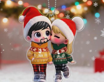 パーソナライズされたカップル用アクリルカーハンガー - カスタムネーム、キスデザイン、バレンタイン＆クリスマスギフト