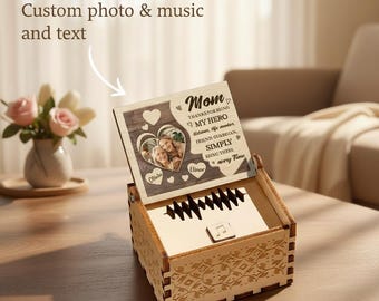 カスタムフォトオルゴール – ハート型の木製記念品、あなたの好きな曲を演奏します