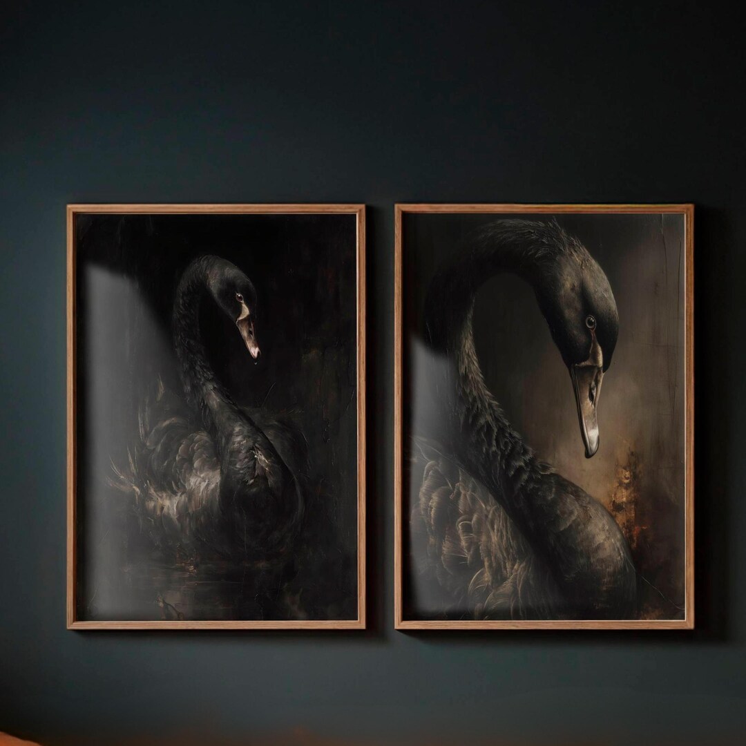 Black Swan Wall Art Set of 2 Prints, Gothic Bird Printable, Dark ...