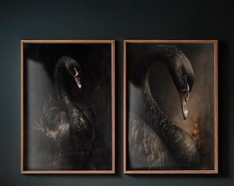Juego de 2 impresiones de arte mural de cisne negro, pájaro gótico imprimible, par de pinturas al óleo vintage de animales de Dark Academia, impresión de naturaleza melancólica