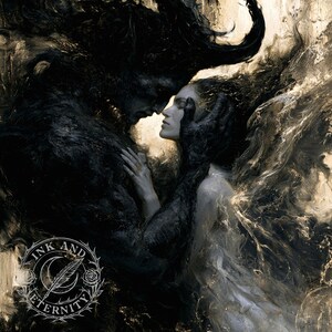 May include: An artistic depiction of two figures in a close embrace, one dark and shadowy, the other fair and ethereal. The artwork features a dramatic contrast of light and dark, with the figures' faces nearly touching. The text "INK AND ETERNITY" is at the bottom.