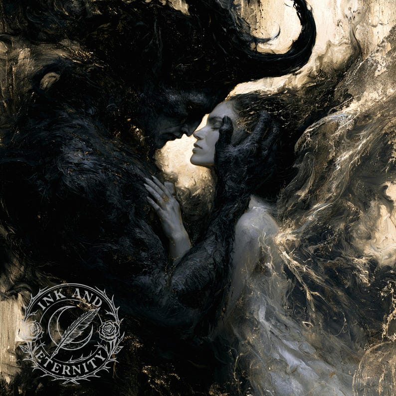 May include: An artistic depiction of two figures in a close embrace, one dark and shadowy, the other fair and ethereal. The artwork features a dramatic contrast of light and dark, with the figures' faces nearly touching. The text "INK AND ETERNITY" is at the bottom.