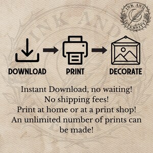 May include: An image with the words "Download, Print, Decorate" in a step-by-step process. The text "Instant Download, no waiting!" and "An unlimited number of prints can be made!" are also included. The image has a vintage, parchment-like background.