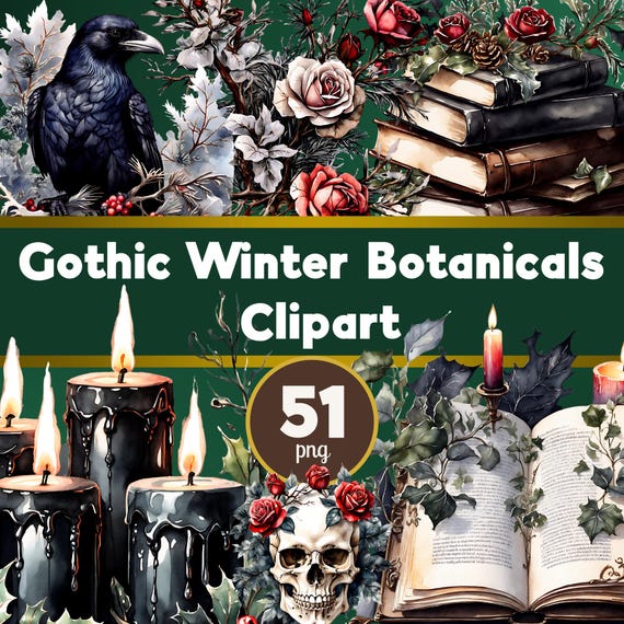 Gothic Winter Botanicals Clip Art, Gothic Watercolour Bundle, Dark Academia (PNG Digital Download)
