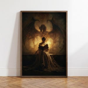 May include: A framed art print showing a person reading a book, bathed in a warm light. A dragon with spread wings is in the background. The artwork has a vintage, fantasy theme.