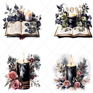 May include: Watercolor illustrations of candles, books, and floral arrangements. The candles are black and lit, surrounded by roses, greenery, and berries. One image features an open book with candles and foliage.
