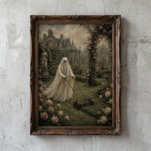May include: A framed wall art print depicting a figure draped in a white sheet pushing a manual reel lawnmower through a rose garden. In the background, a large stone mansion stands under a cloudy sky, surrounded by statues and climbing floral arches.
